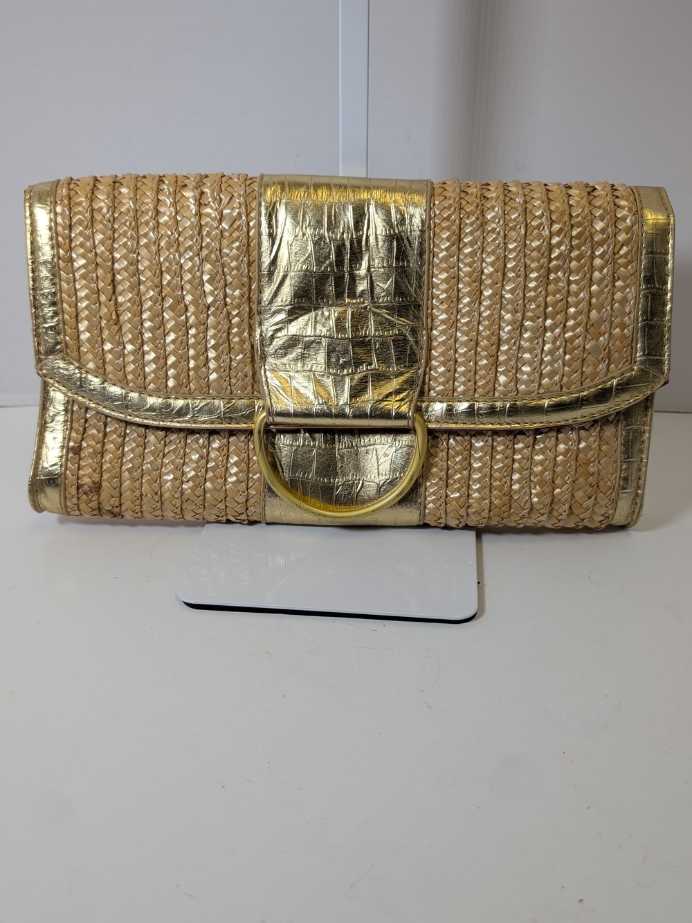 Gold Metallic Straw Clutch with D-Ring Accent